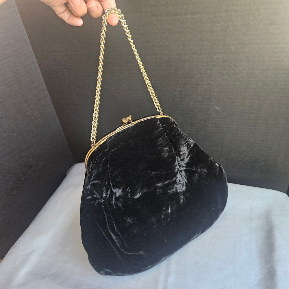 Vintage Bobbie Jerome Black Velvet Evening Bag Gold Chain Strap Clutch Purse